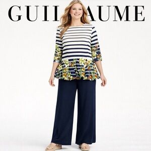 3X Gorgeous 3/4 Sleeve Floral Peplum Top by Guillaume with Bonus Flowy Pant